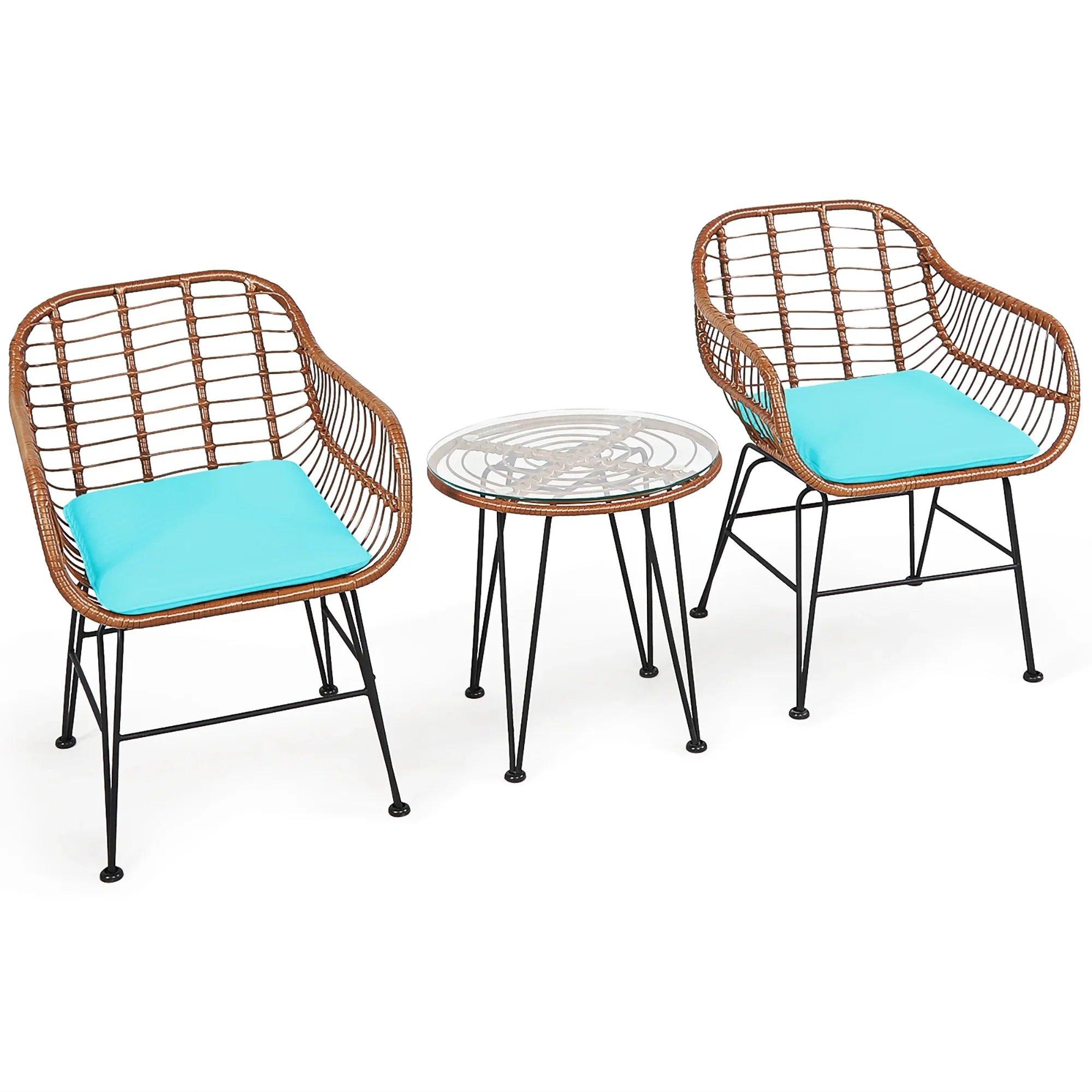 Costway 3PCS Patio Rattan Bistro Set Coffee Table Armchair Garden Red Cushion