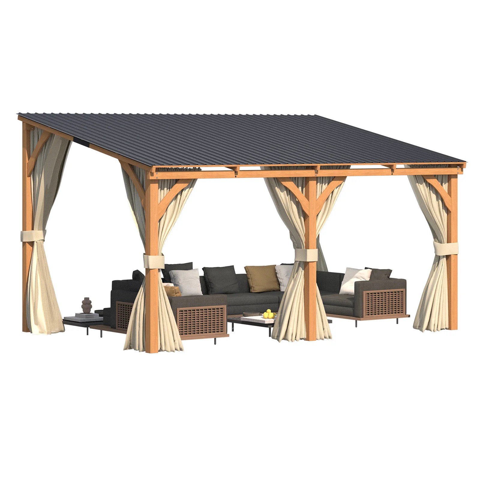 AECOJOY 14x10 Outdoor Wooden Pergola Gazebo with Curtains and Netting for Patio