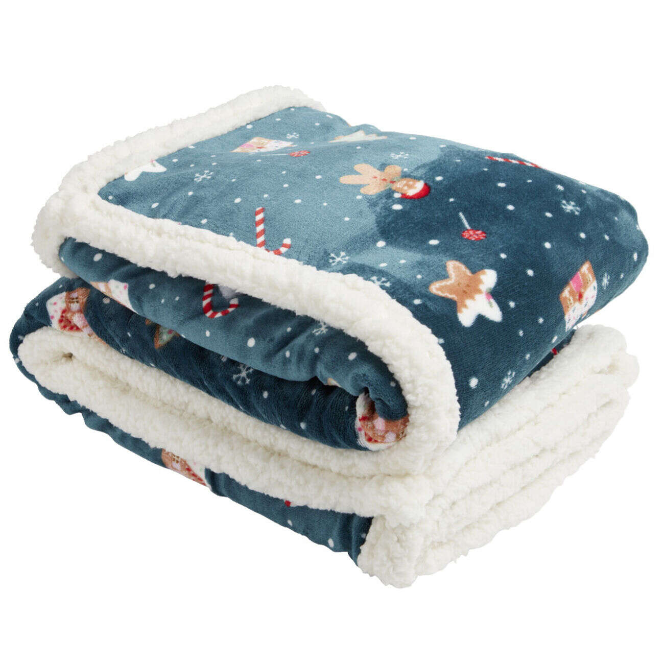 Plaid sherpa Noël flanelle motifs sucre d'orge pain d'épices 120x150cm