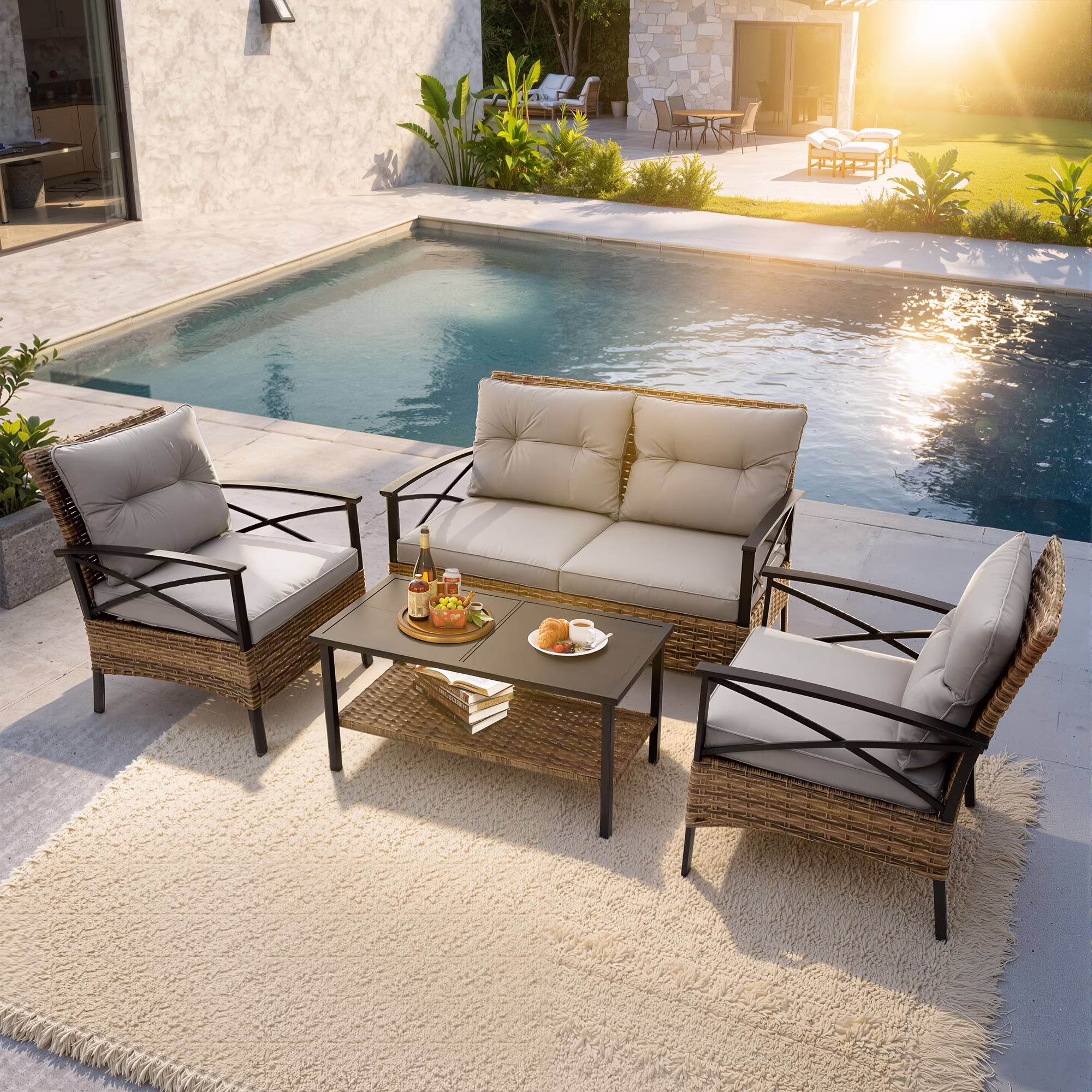 Heavy-duty Patio Furniture Set, 4 Piece Outdoor Sectional Conversation Sets, BrownPE Rattan Patio Sofa Set with Blue Cushions(Luxury-Blue) - Image 3
