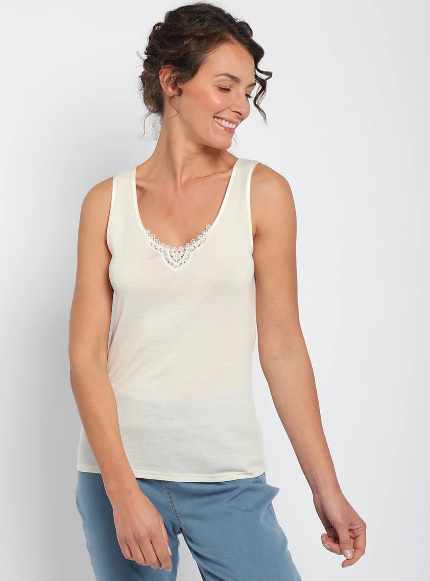 Débardeur thermique femme en laine et soie blanc naturel