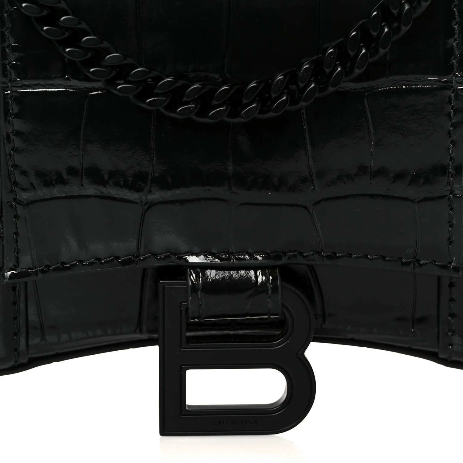 Shiny Calfskin Monochrome Crocodile Embossed Hourglass Chain Bag Black