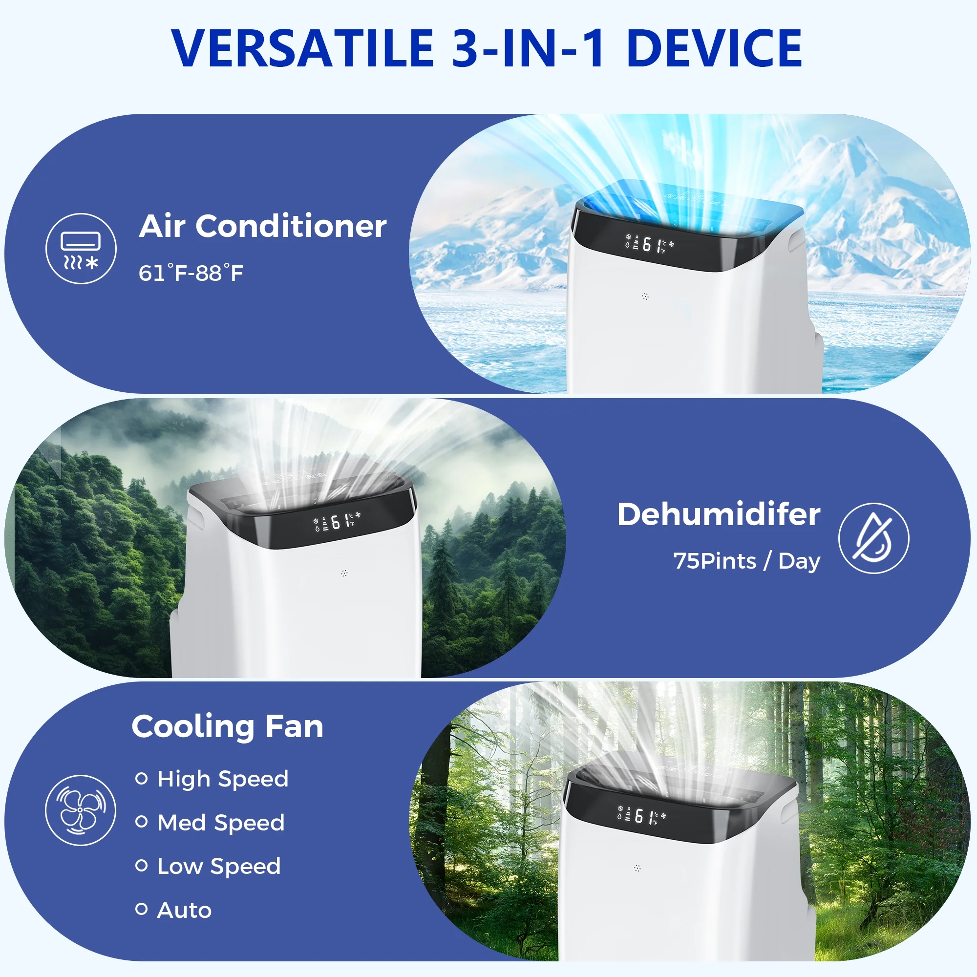 12000 BTU Portable Air Conditioner Cools up to 500 Sq. ft, 3-in-1 AC, Dehumidifier, Fan - Image 3