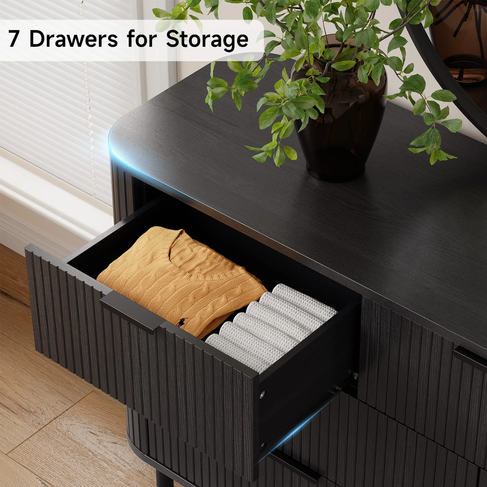 7-Drawer Fluted Dresser for Bedroom, 60 Inch Wide Modern Wood Chest with Metal Handles, Curved Profile Design Also Ideal as TV Stand for Living Room, Hallway, Black(Black) - Image 2
