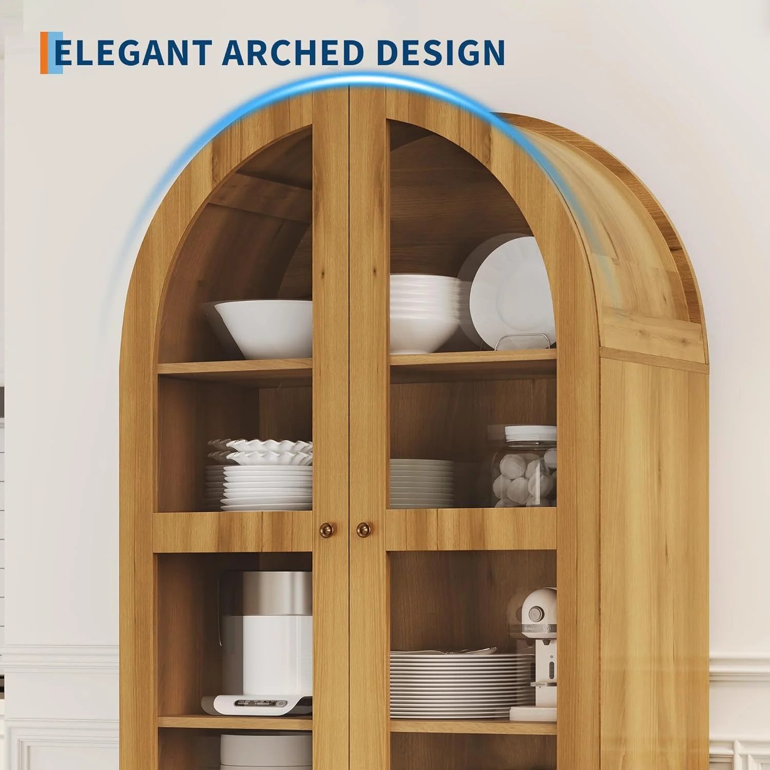 71" Tall Arched Bookshelf, Modern Bookcase with 2 Drawers, Glass Door and Adjustable Shelf, Wooden Display Cabinet, Versatile Bookshelf Kitchen Storage Pantry for Living Room, Bedroom- Natural(Oak) - Image 7