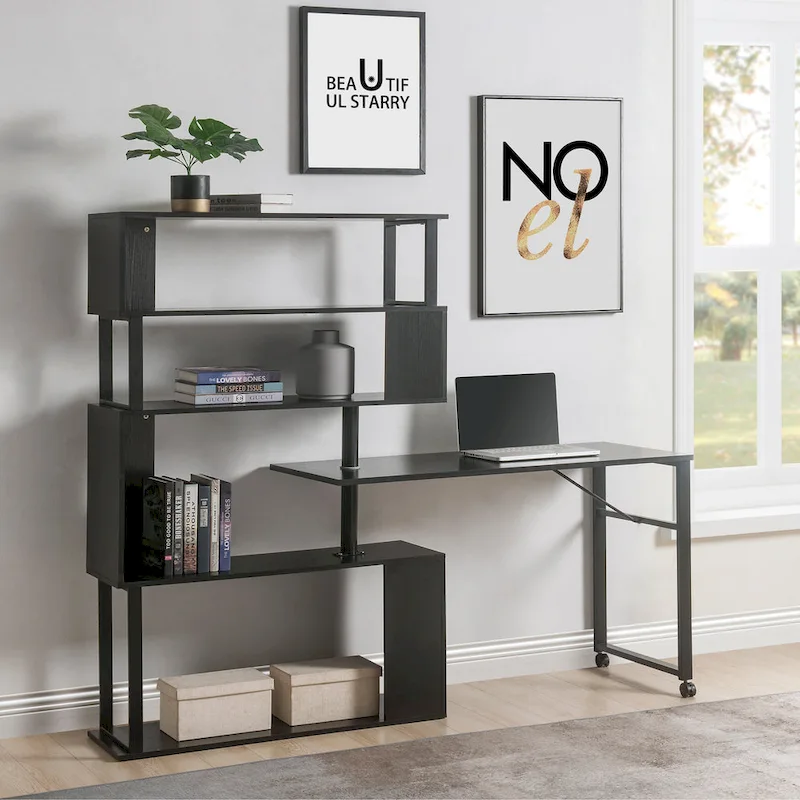 L-Shaped Corner Computer Desk with Rotating Features and 5-Tier Bookshelf for Home Office