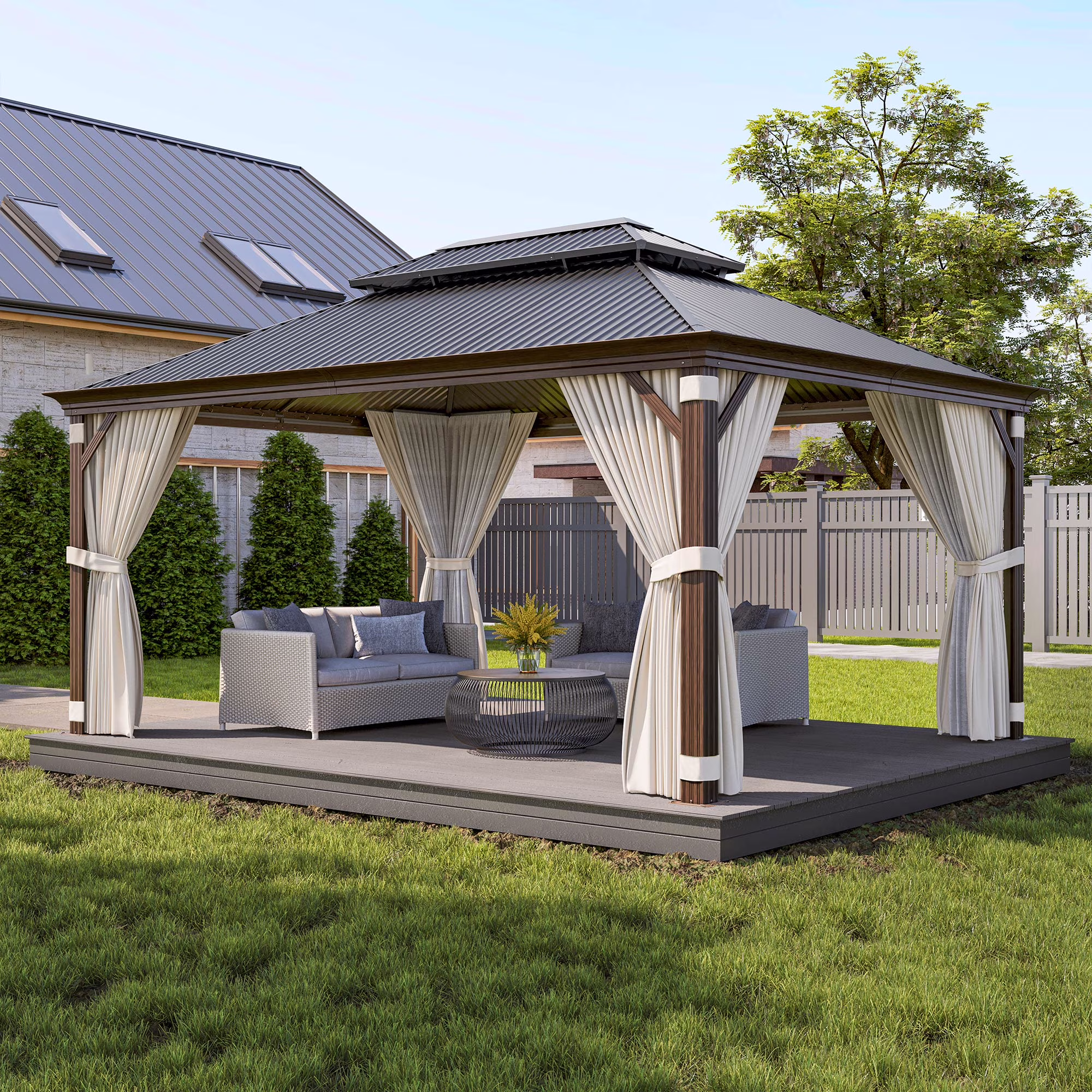 BELLEZE 12 x 16ft Hardtop Gazebo, Widen Pole Outdoor Canopy, Aluminium Frame Galvanized Steel Double Roof Waterproof Gazebo Tent with Nettings and Curtains for Patio, Backyard, Deck, Lawns, Garden