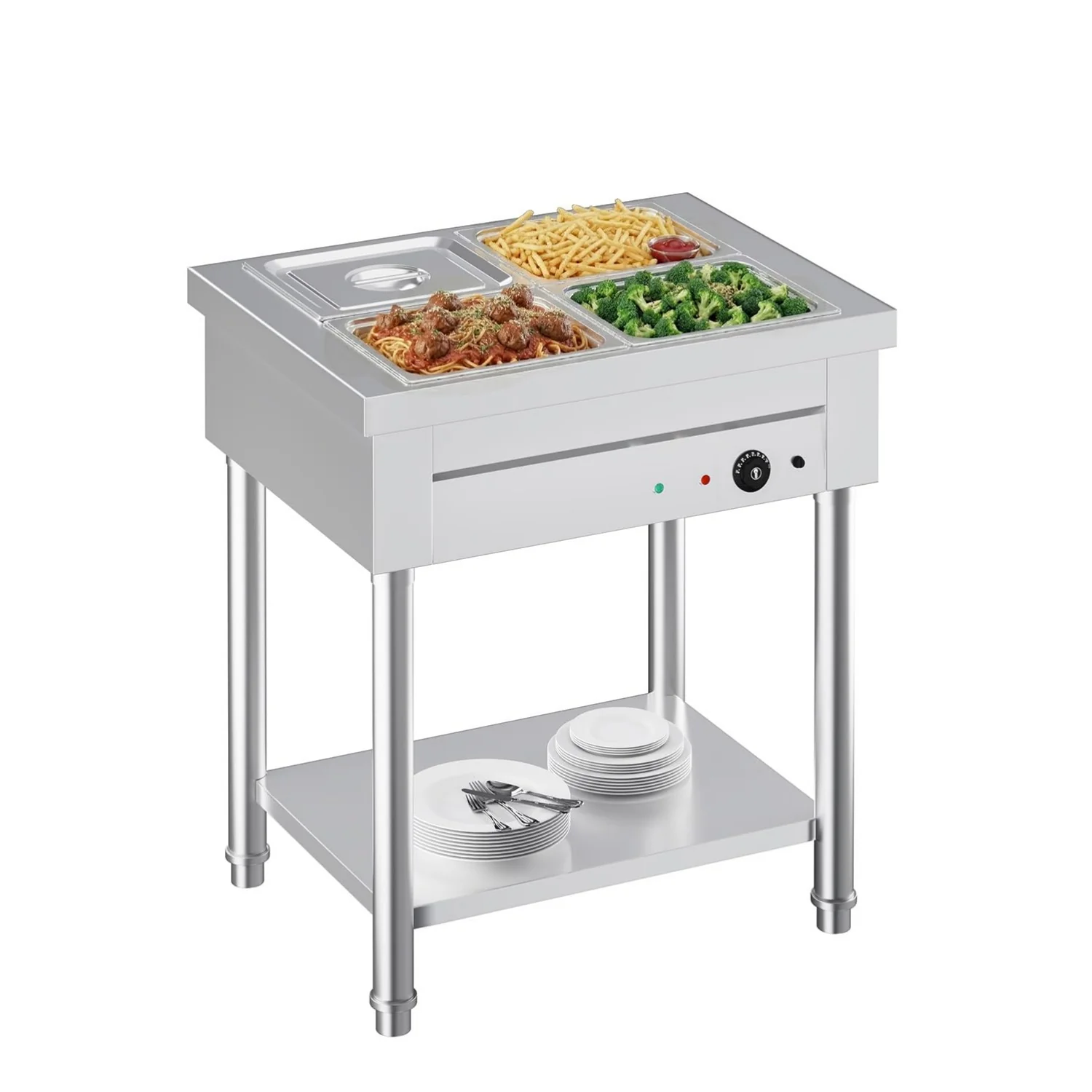 AECOJOY Commercial Food Warmer 1500W Electric Steam Table with 4x10QT Pans & Shelf