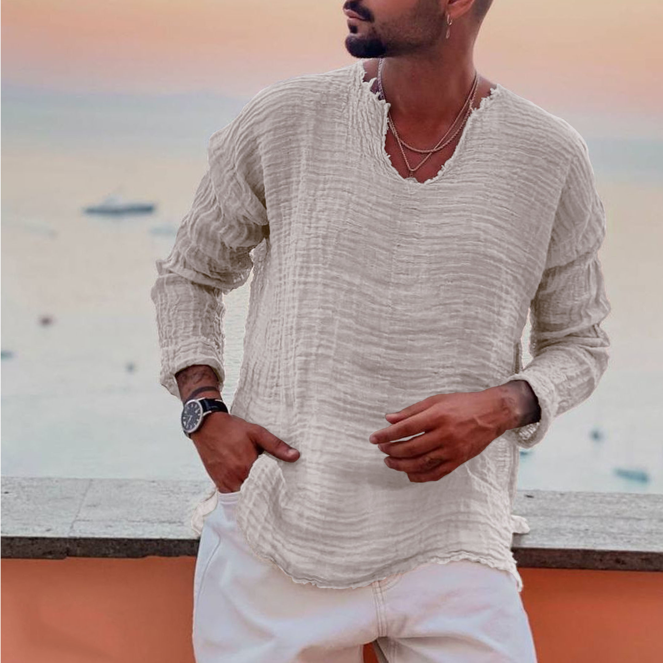 Chemise simple à manches longues en lin pour homme