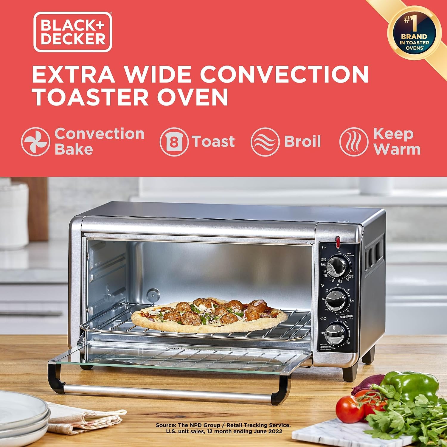 BLACK+DECKER TO3250XSBD 8-Slice Extra Wide Convection Countertop Toaster Oven, Includes Bake Pan, Broil Rack & Toasting Rack, Stainless Steel/Black