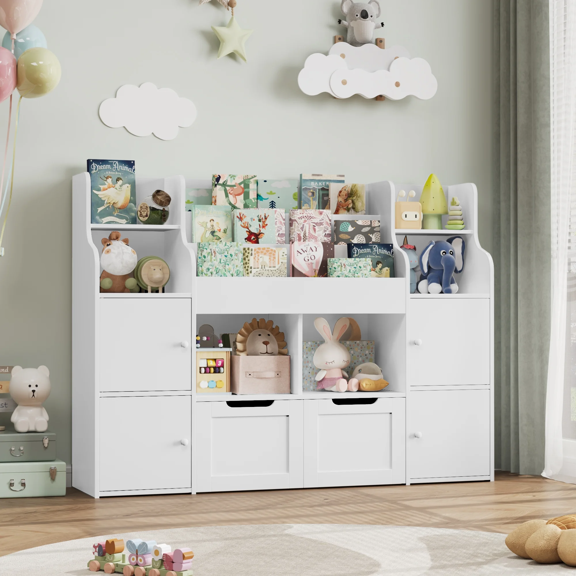 4 Doors Kids Bookcase with 3 Tier Book Racks 2 Mobile Drawers, 4 Cube Bookshelves Toy Storage Organizer for Playroom Kids Room, White(White) - Image 6