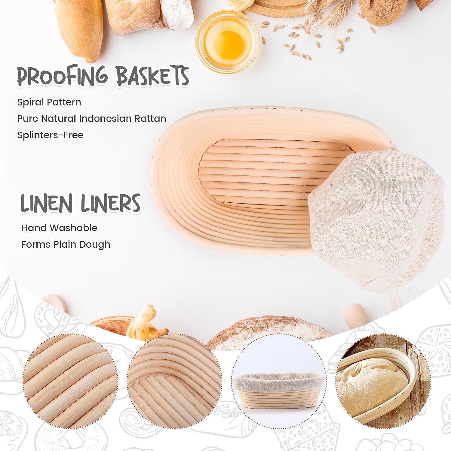 DOYOLLA Bread Proofing Baskets Set of 2 10 inch Oval Shaped Dough Proofing Bowls with Liners Perfect for Professional & Home Sourdough Bread Baking