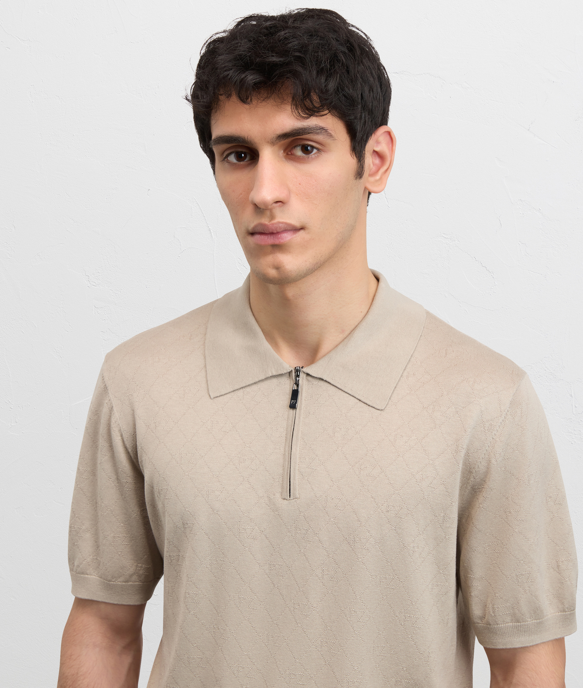 LIGHT BROWN JACQUARD SILK AND COTTON KNITTED SHORT SLEEVED POLO SHIRT