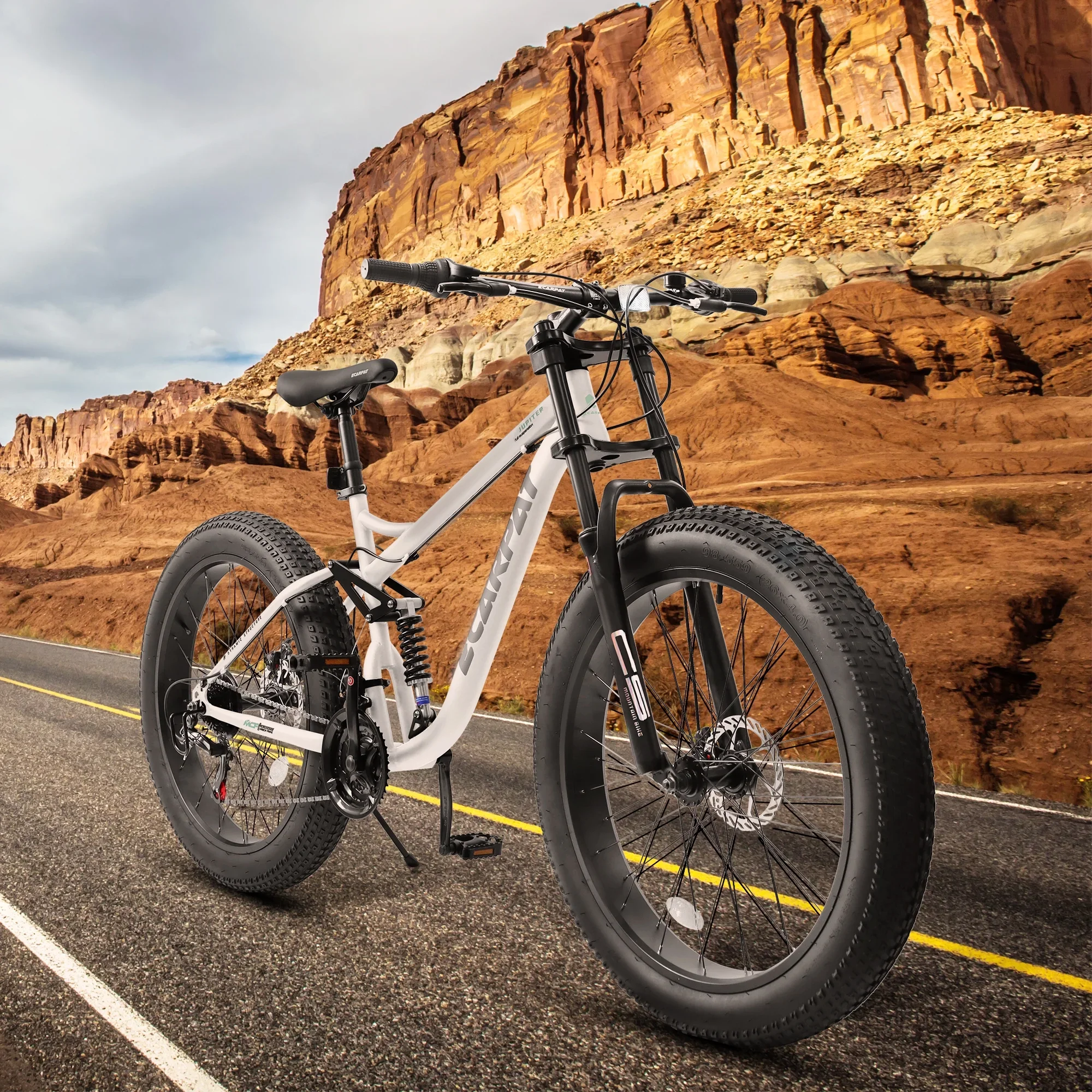 26 in Men's Fat Tire Bike,Shimano 21-Speed,Full Suspension Mountain Bike,Black