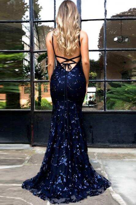 Mermaid Spaghetti Straps Lace Backless Navy Blue Prom Dress DMJ31
