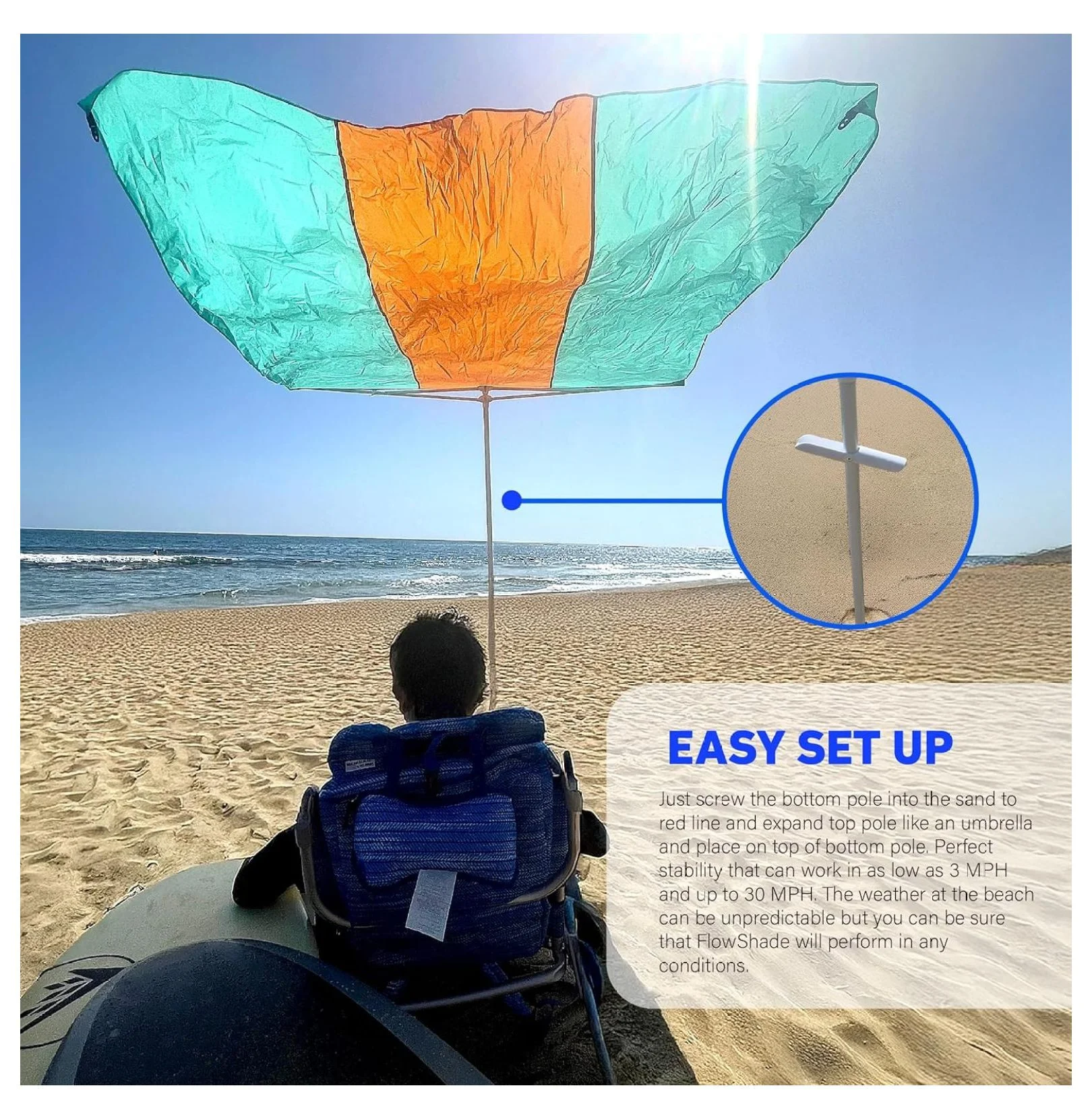 Flow Shade Beach Tent Wind Sun Canopy Portable Easy Set up UPF 50+ No Assembly Requires 3 - 30 MPH - 1 to 4 People - 8 Foot X 8 Foot Fabric Top