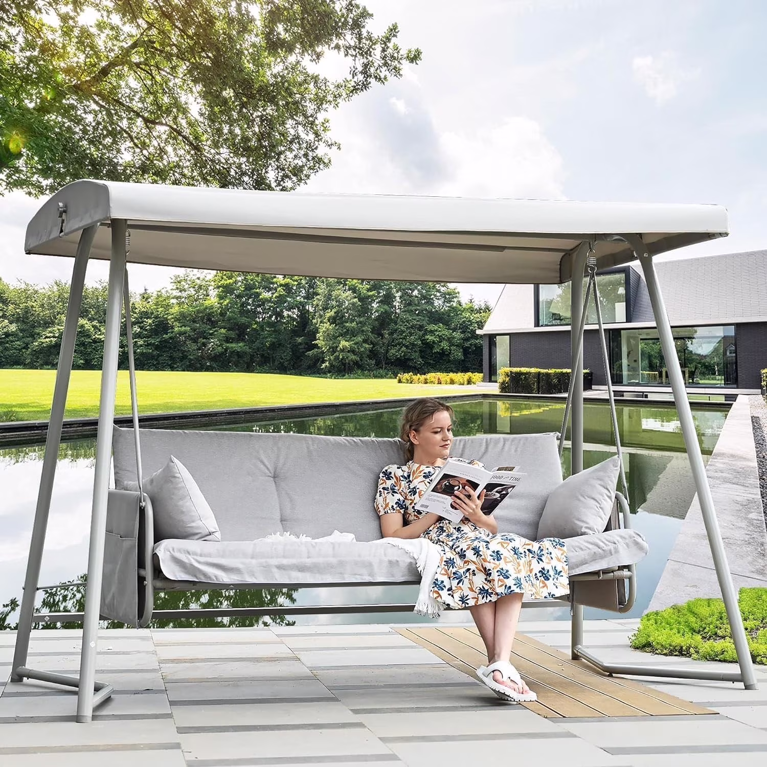CHINNLUU Oversized 4 Person Porch Swing with Stand 800 LBS Capacity Adjustable Canopy Backrest Includes Cushions Pillows Patio 2 in 1 Swing Bed for Backyard Garden Poolside, Champagne