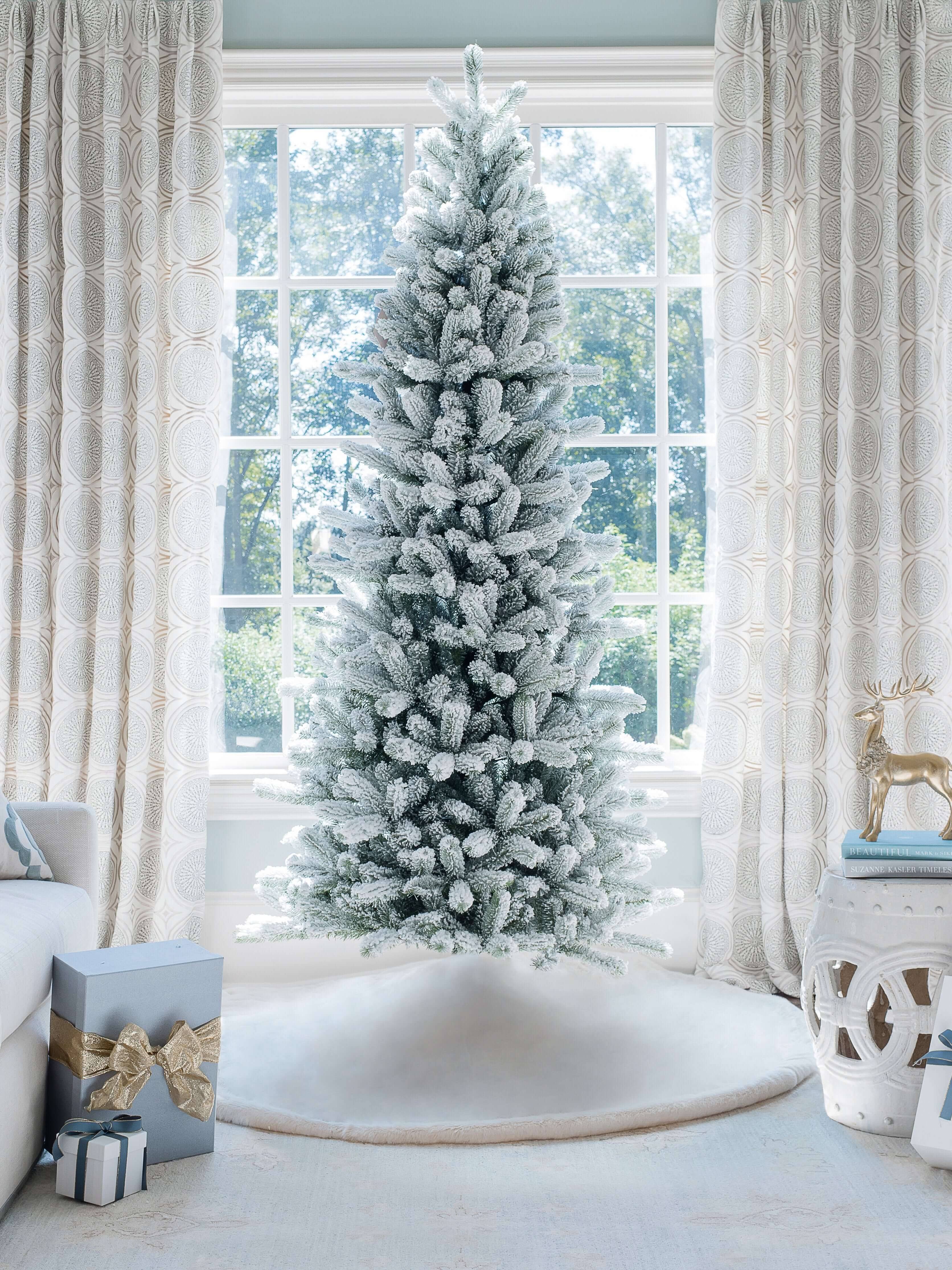 7.5' King Flock Slim Artificial Christmas Tree with 650 Warm White LED Lights
