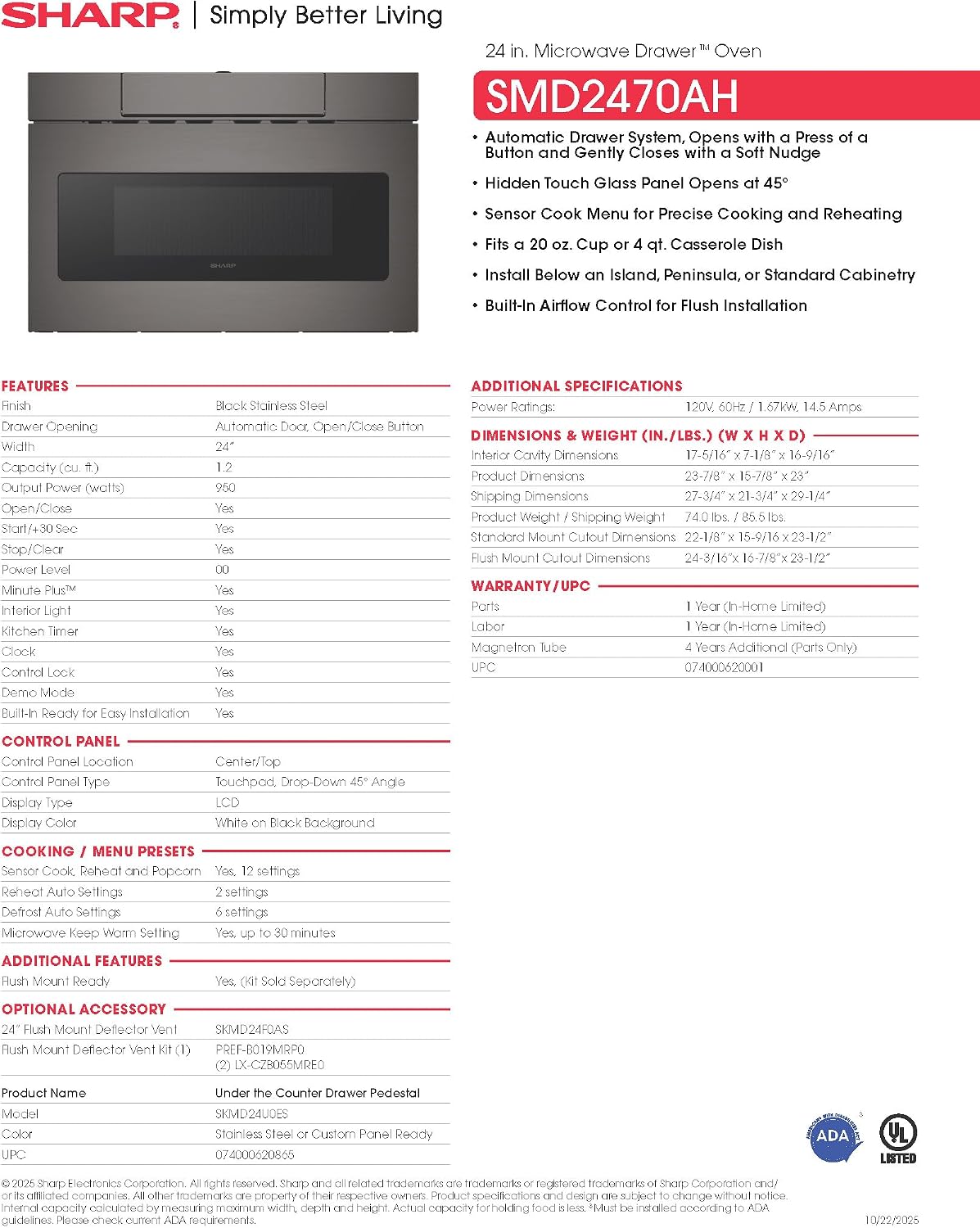 SHARP SMD2470AH Microwave Drawer Oven, 24-inch, 1.2 Cubic Feet, 950 Watt, Concealed Control Panel with Digital LCD Display, Black Stainless Steel