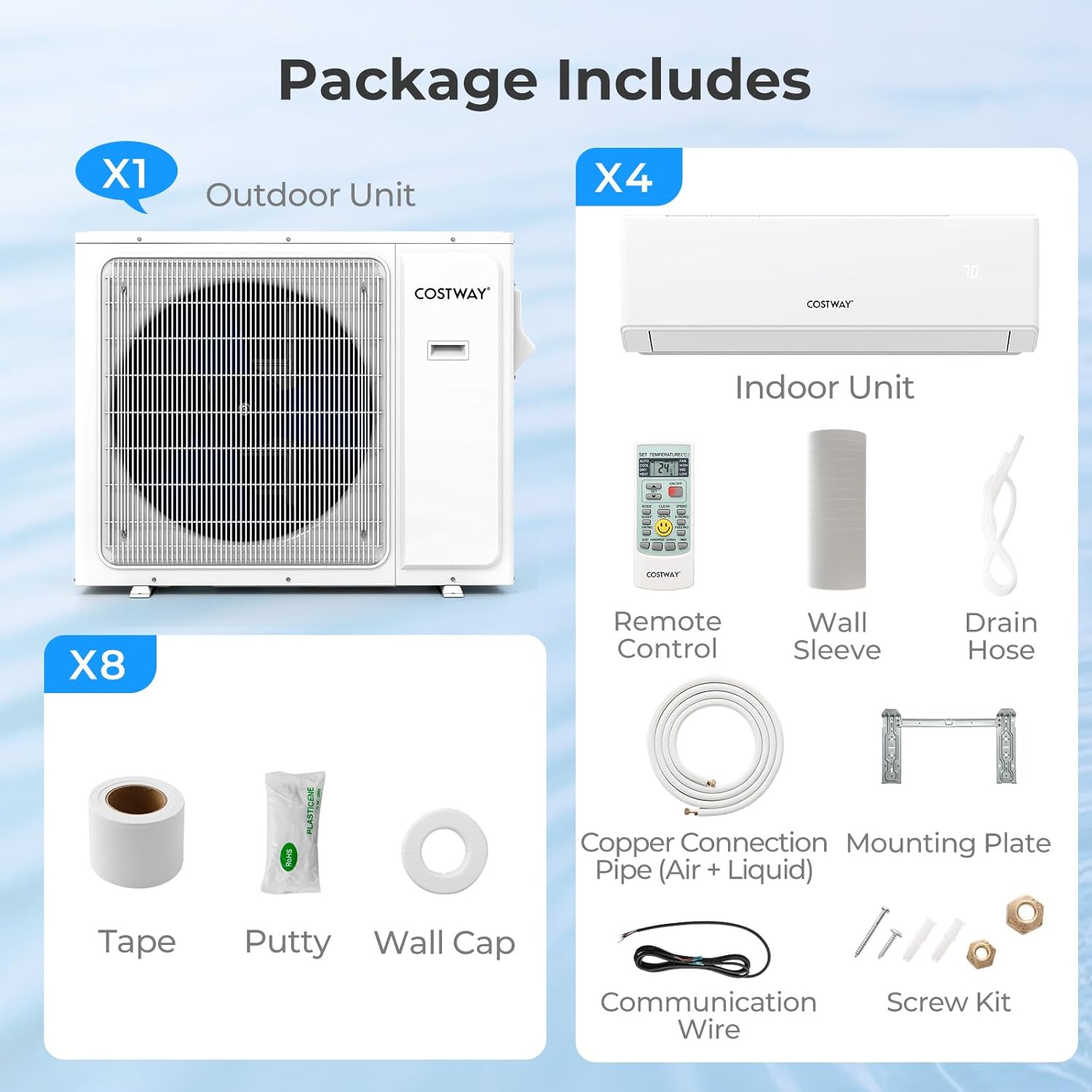 COSTWAY 30k Quad 4 Zone Mini Split Air Conditioner, 23 SEER2, 9k+9k+9k+12k BTU, 208-230V, Wifi Enabled Multi Zones Mini Split AC Heat Pump Full Set, Ductless Energy Star
