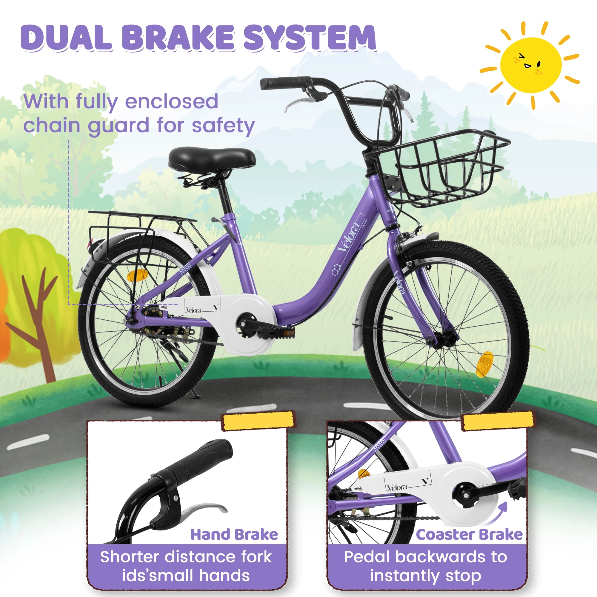20 Inch Kids Bike for Boys Girls, 1 Speed Children Bicycle with Basket, Rear Seat, Chain Guard, Coaster Brake and V-Brake, Steel Frame Kids Bike for Ages 6-12 Years Old Birthday Gift, Purple(Purple) - Image 4