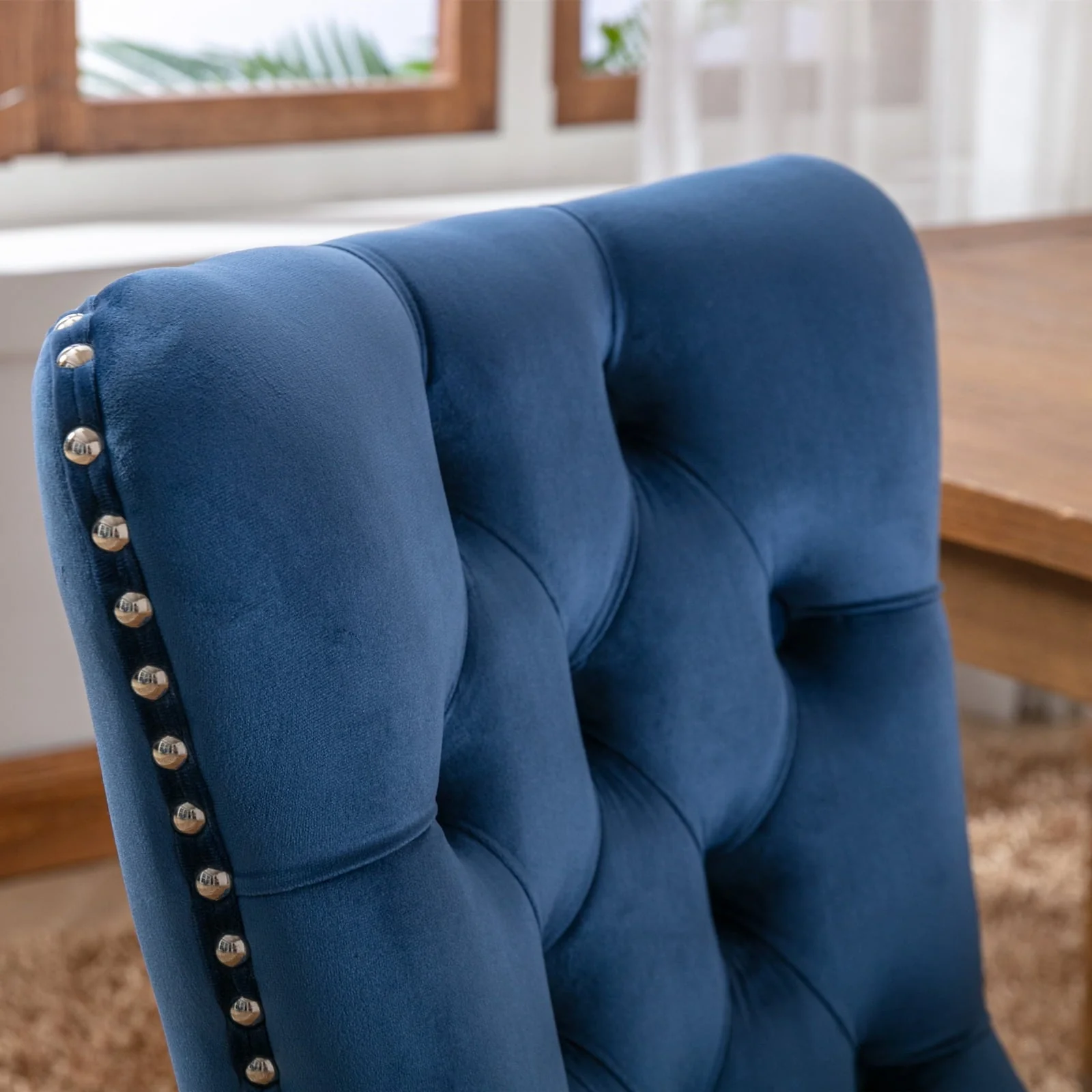 Elegant Button Tufted Dining Chairs, High - End Velvet Upholstered Dining Chairs with Nailhead Back and Ring Pull Trim, Solid Wood Dining Chairs for Kitchen Bedroom Dining Room (Blue, Set of 4)
