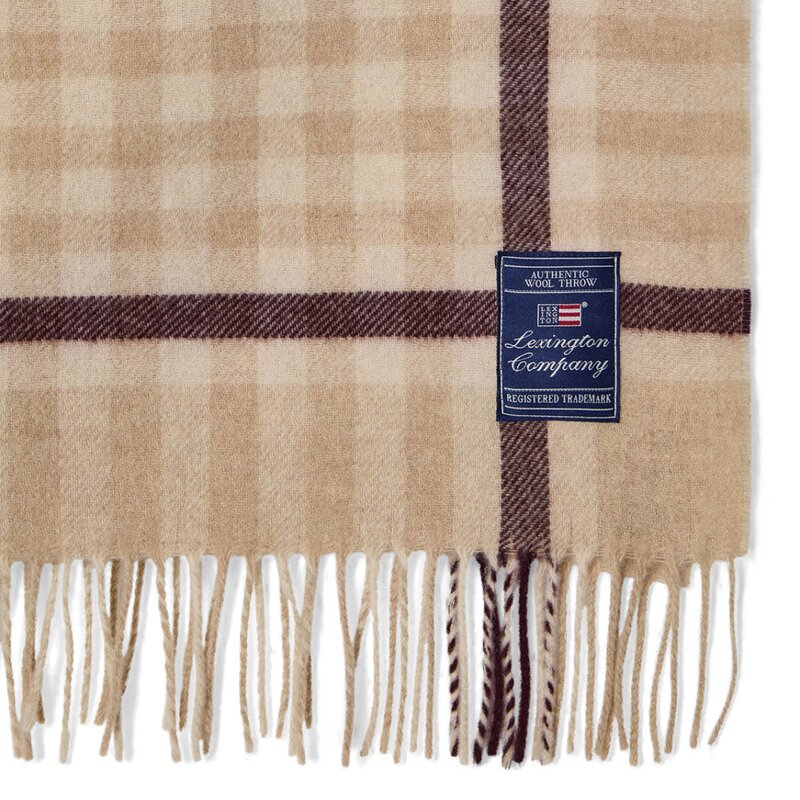 Rutete pledd ull 130x170 cm beige/fig