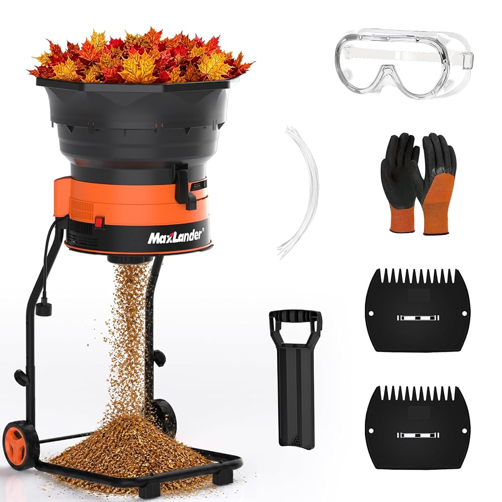 MAXLANDER 15-Amp Electric Leaf Mulcher, 8400 RPM Leaf Shredder with 18:1 Reduction Ratio, Adjustable Dial, 20 Cutting Lines, Goggles, Gloves & Leaf Scoops for Wet & Dry Leaves