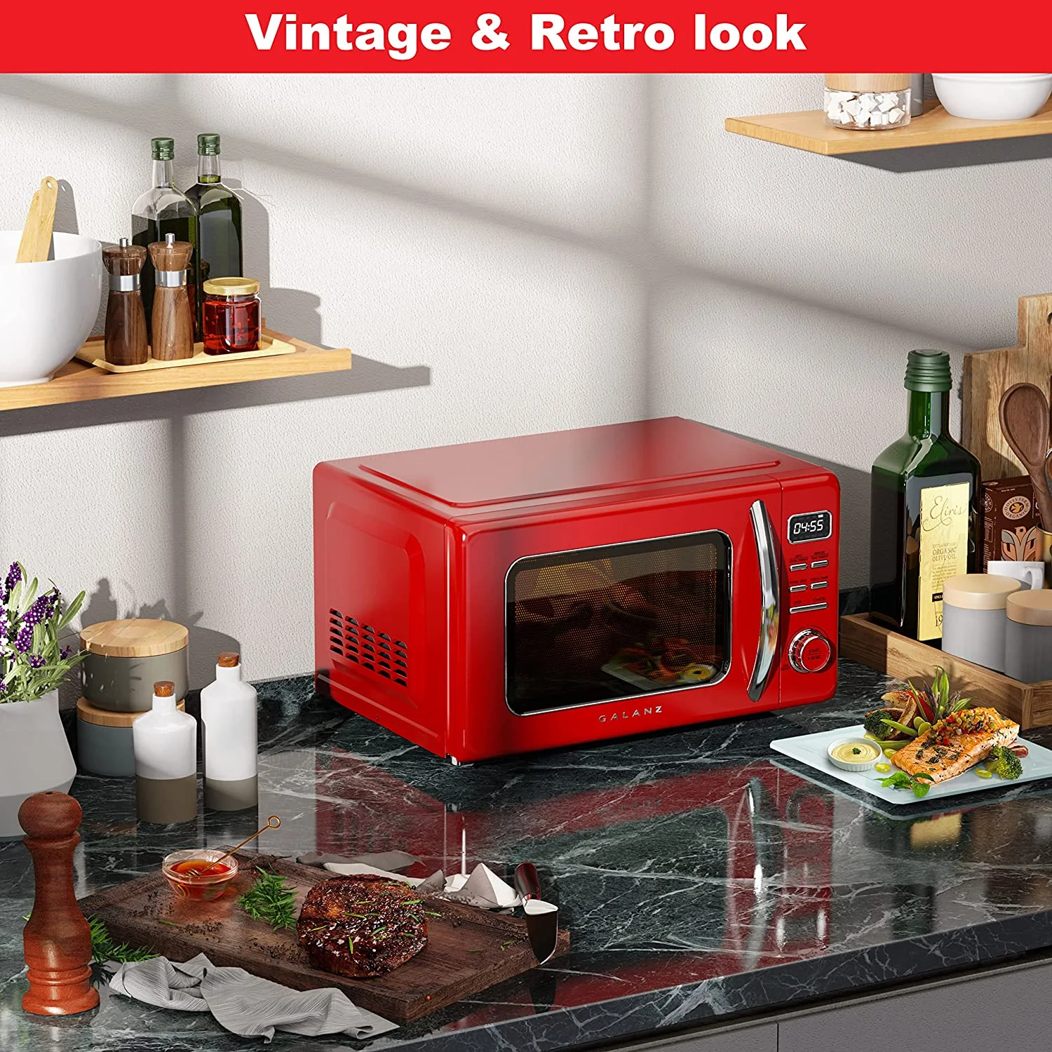 GLCMKZ09RDR09 Retro Countertop Microwave Oven with Auto Cook Reheat, Defrost, Quick Start Functions, Easy Clean with Glass Turntable, Pull Handle, 0.9 cu ft, Red - Image 5