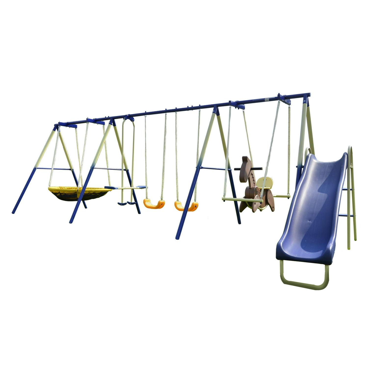 Super 8 Metal Swing Set. Rocking Horse. Saucer Swing. Glide Ride. Two Swings and Slide - Image 7