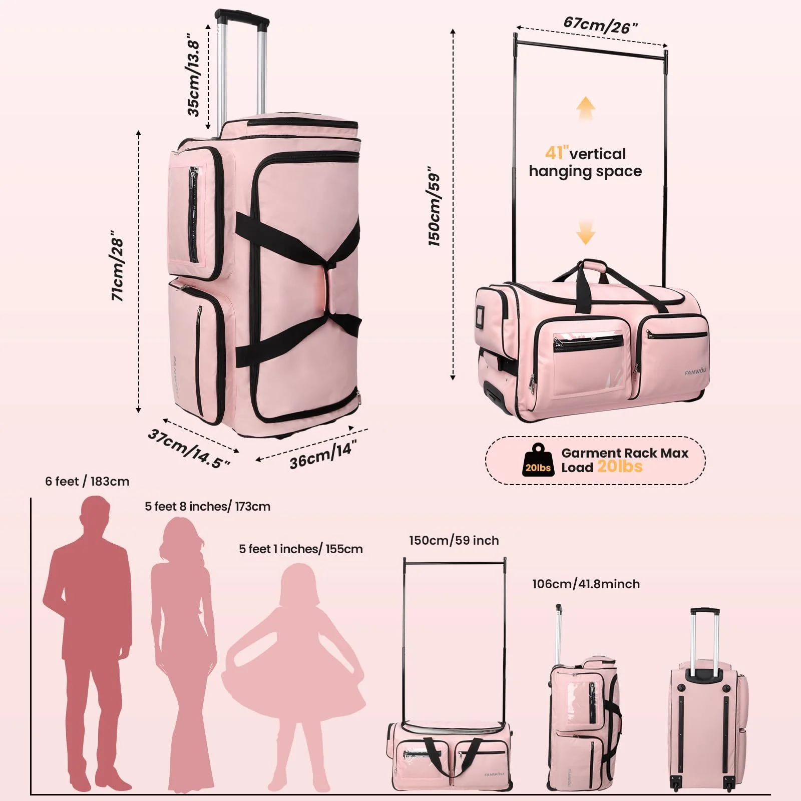 Dance Bag with Garment Rack 28"Collapsible Rolling Competition Dance Duffle Bag Lightweight Costume Wheeled Suitcase for Dancers Shows Livestreamer Athletes(Pink-28Inch) - Image 8