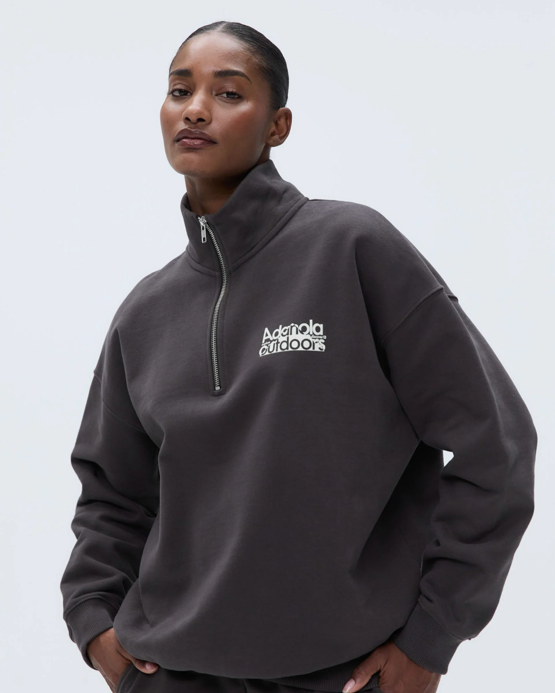 Trail Oversized Funnel Neck Zip Sweatshirt - Washed Coffee Bean/Marshmallow White