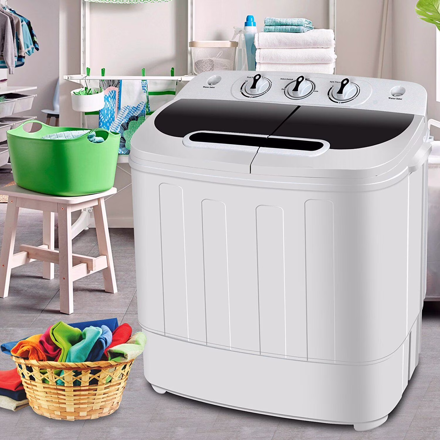 Compact Mini Twin Tub Washing Machine Portable 13 lb Laundry Washer and Dryer