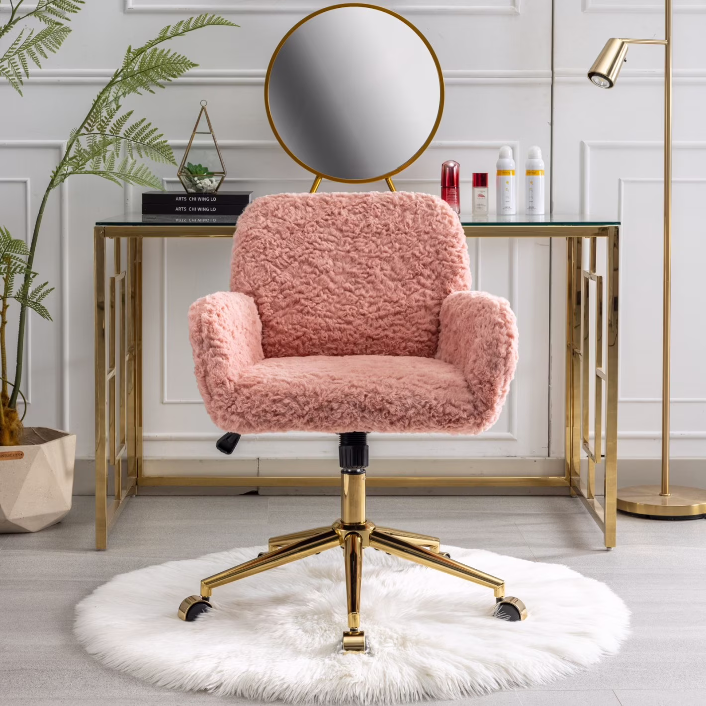 Furniture Office Chair, Artificial Rabbit Hair Makeup Vanity Chair Chair, 360 Comfy Swivel Armchair with Wheels, Modern Height Adjustable Cute Vanity Chair for Living Room Small Spaces Pink(Pink (with armrest))