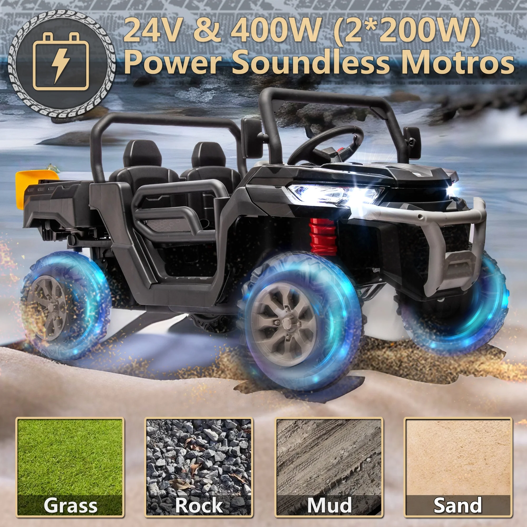 Xuanlur 24V 2 Seater Kids Ride on Car Truck, Ride on UTV W/ 2x200w Motor, 24 Volt Ride on Toys W/ Dump Bed/Shovel, Electric Car for Kids W/ Durable Tires, LED Light, Music, Remote Control, Black