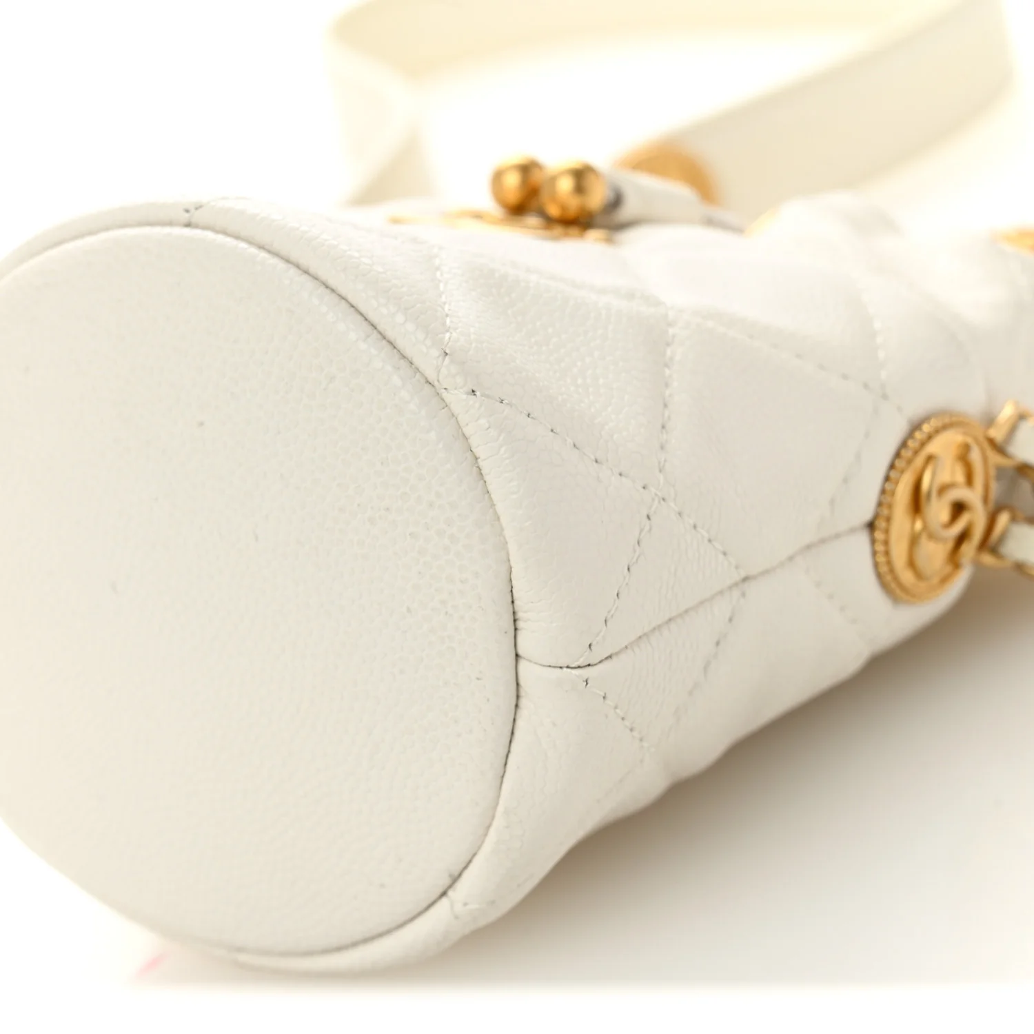 Caviar Quilted Twist Your Buttons Mini Bucket Bag White