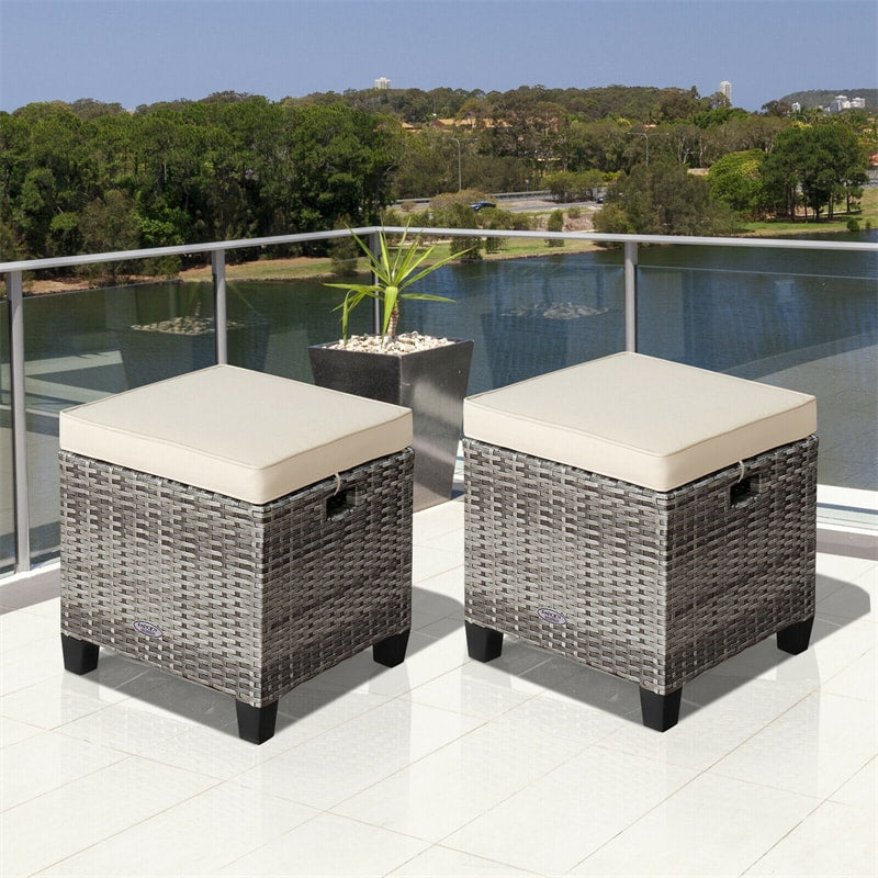 Ensemble de 2 poufs de patio en osier, repose-pieds d'extérieur en rotin avec coussins amovibles