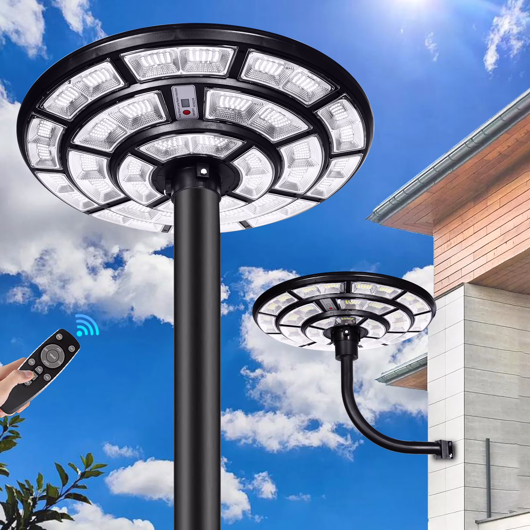 10000W Solar Street Lights Outdoor 360�� Wide-Angle, IP66 Waterproof Radar Sensor Solar Parking Lot Light with Remote, 12H Endurance for Garden/Yard/Road (Black)