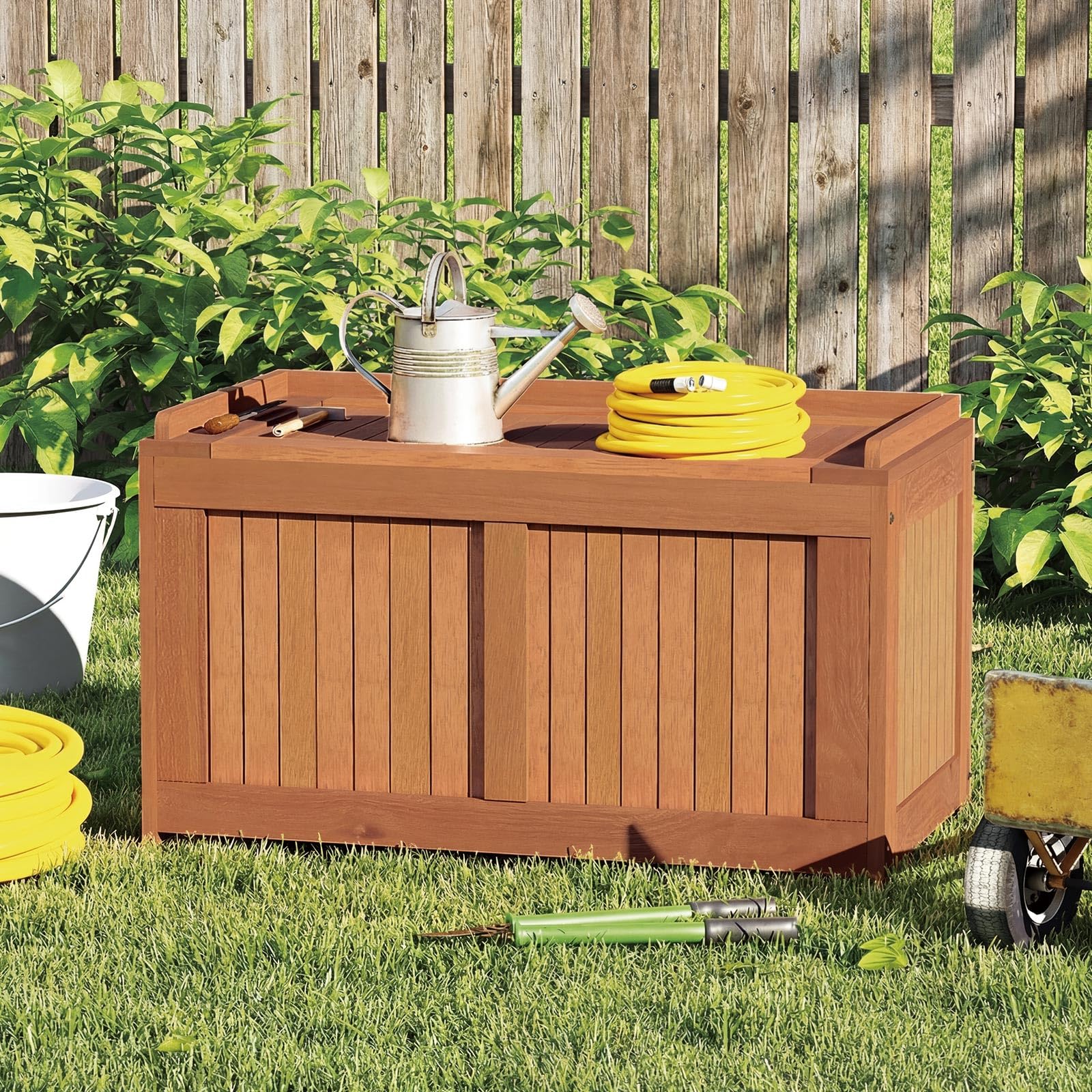 Tangkula 3-in-1 52 Gallon Wood Outdoor Storage Box