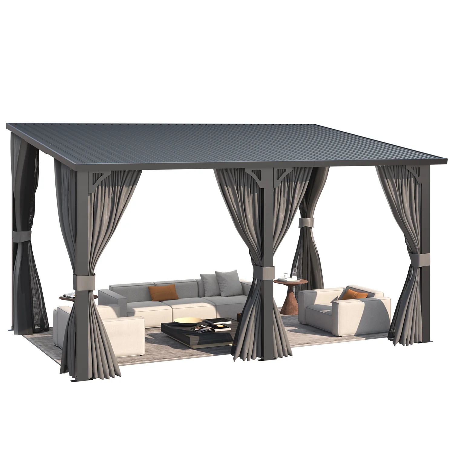 AECOJOY 14'x10' Outdoor Hardtop Metal Gazebo with Curtain and Netting