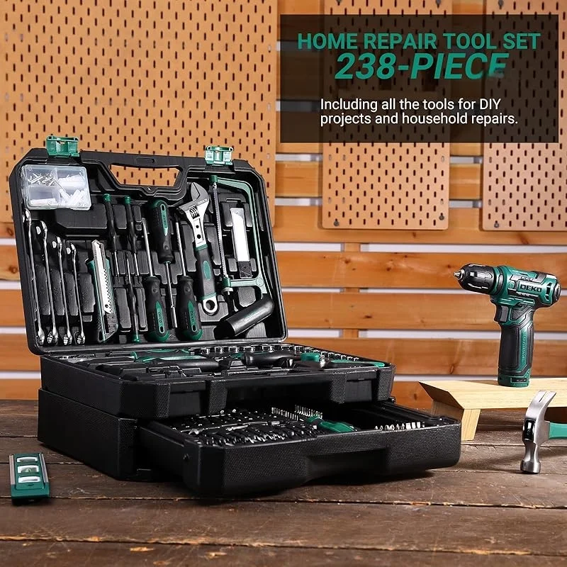 MY Tool Set: 12V Cordless Drill Kit with Hand Toolbox and Storage Case, Mechanic Tool Set for Home Repairs, Portable Power Drill and Tools, Green