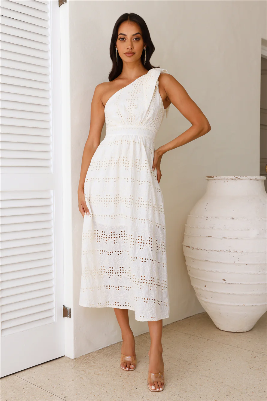Springtime Chic One Shoulder Midi Dress White