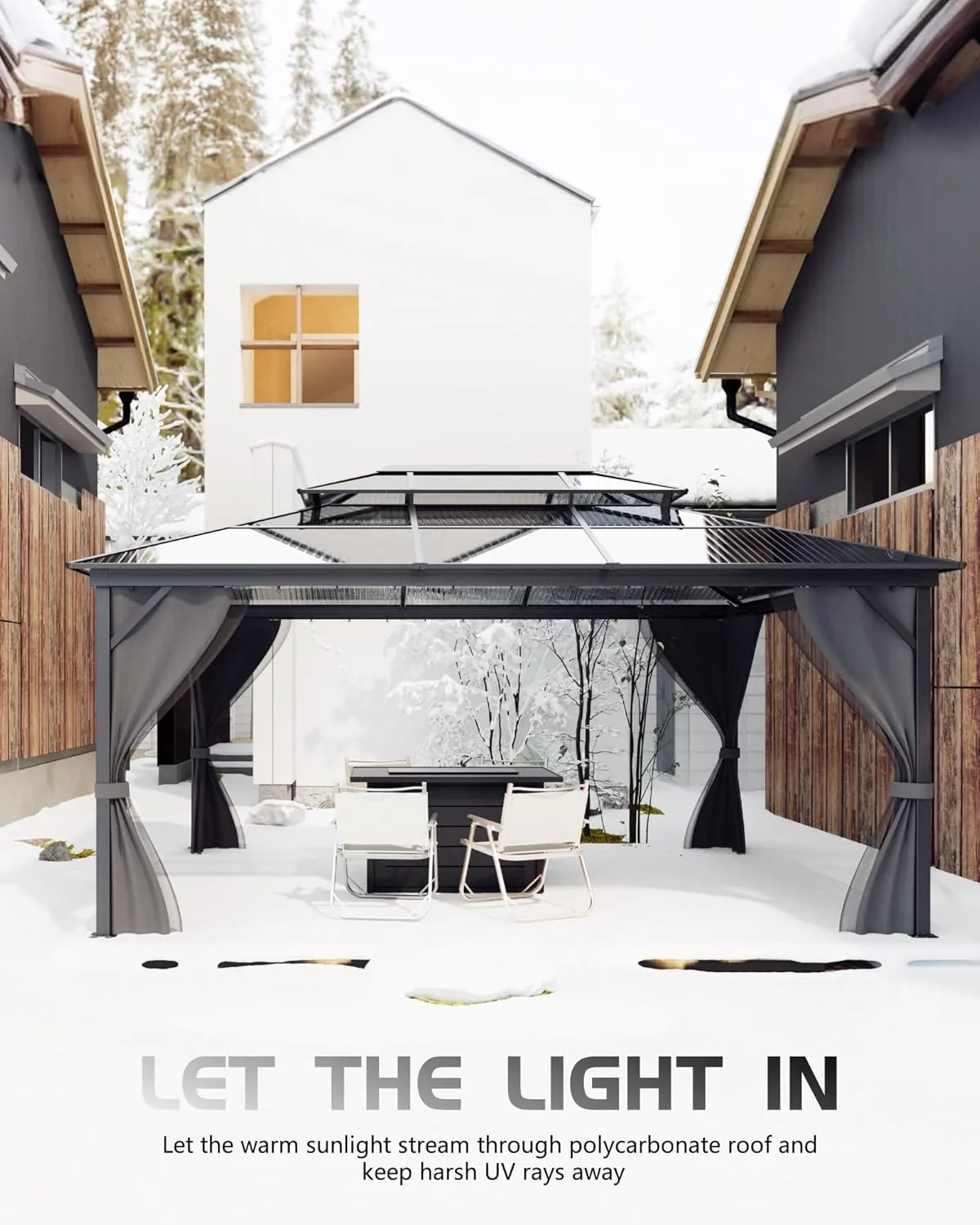 WALYWIK Hardtop Gazebo 12FT*16FT for All Weather, Double Polycarbonate Sheet Roof, Aluminum Frame, Net and Curtains, Permanent Construction for Patio, Deck, Backyard, Lawn and Garden, Grey