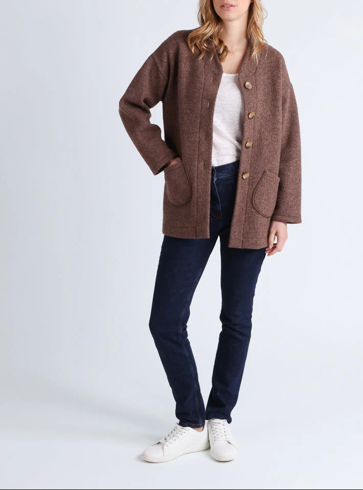 Manteau court femme laine bouillie marron foncé