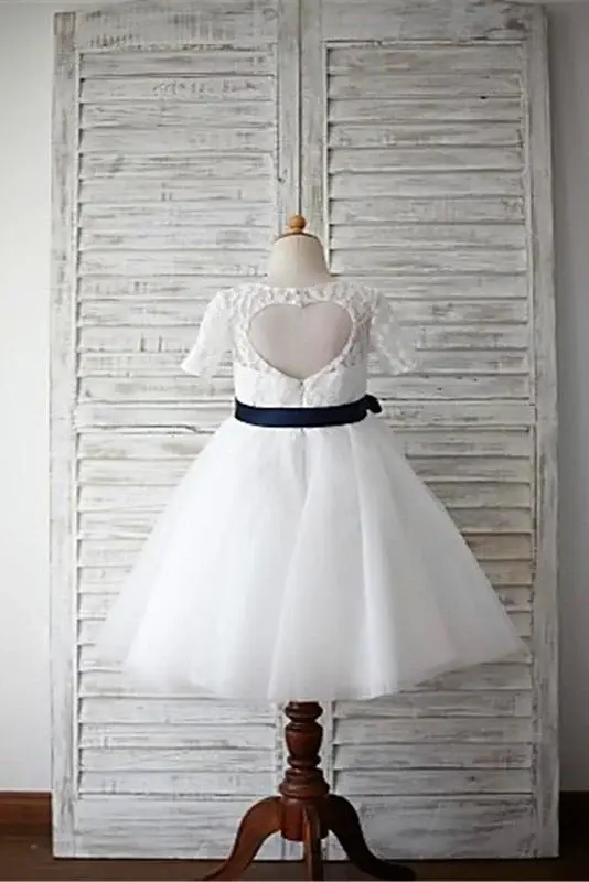 A-line Scoop 1/2 Sleeves Navy Sash Floor-Length Tulle Flower Girl Dresses DM726