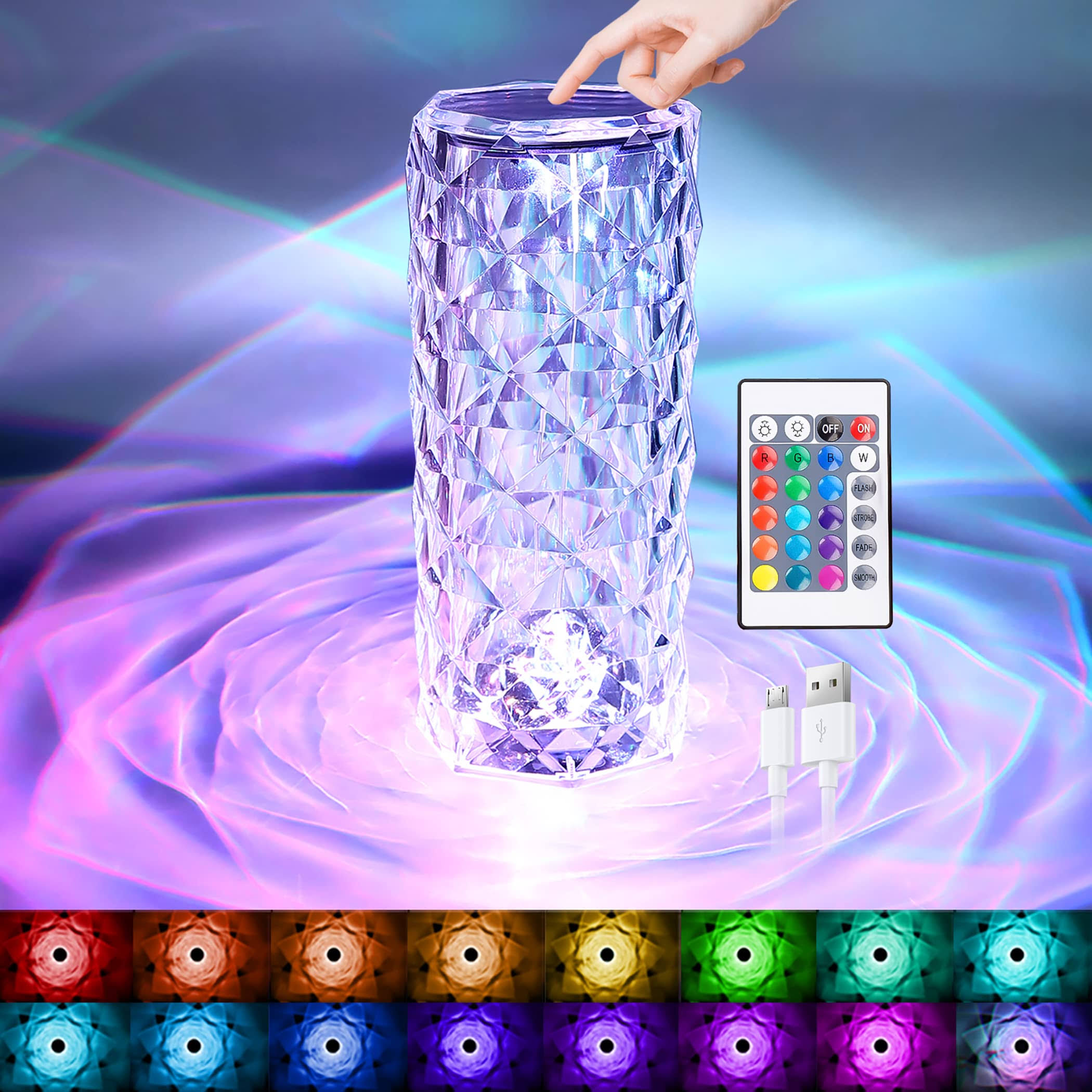 Newrgy Crystal Table Lamp, Touch Remote Control Modern Nightstand Lamp, 16 Colors Changing Rose Table Lamp USB Rechargeable Bedside Lig