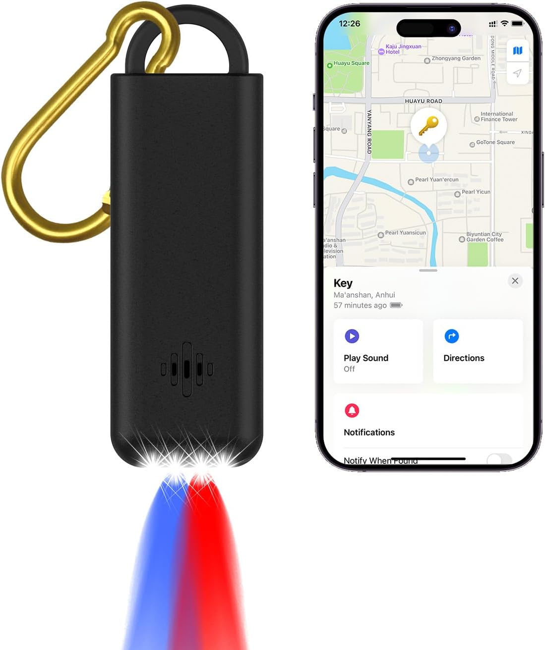 3-in-1 Personal Alarm Keychain with Apple Find My - 130dB Emergency Siren, LED Strobe Flashlight, GPS Tracker Keychain for Women, Kids, Seniors - Real-Time Location, Anti-Loss, iOS Only
