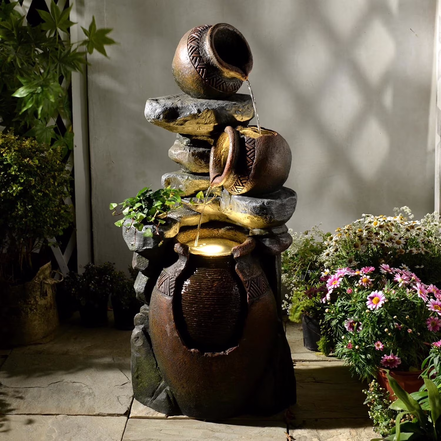 Garden Water Fountain Outdoor Decor - 38.4 3 Tier Standing Cascading Waterfall Outdoor Water Fountain with LED Lights & Pumps,Natural Design for Garden,Patio, Porch, Backyard, Home Art Decor