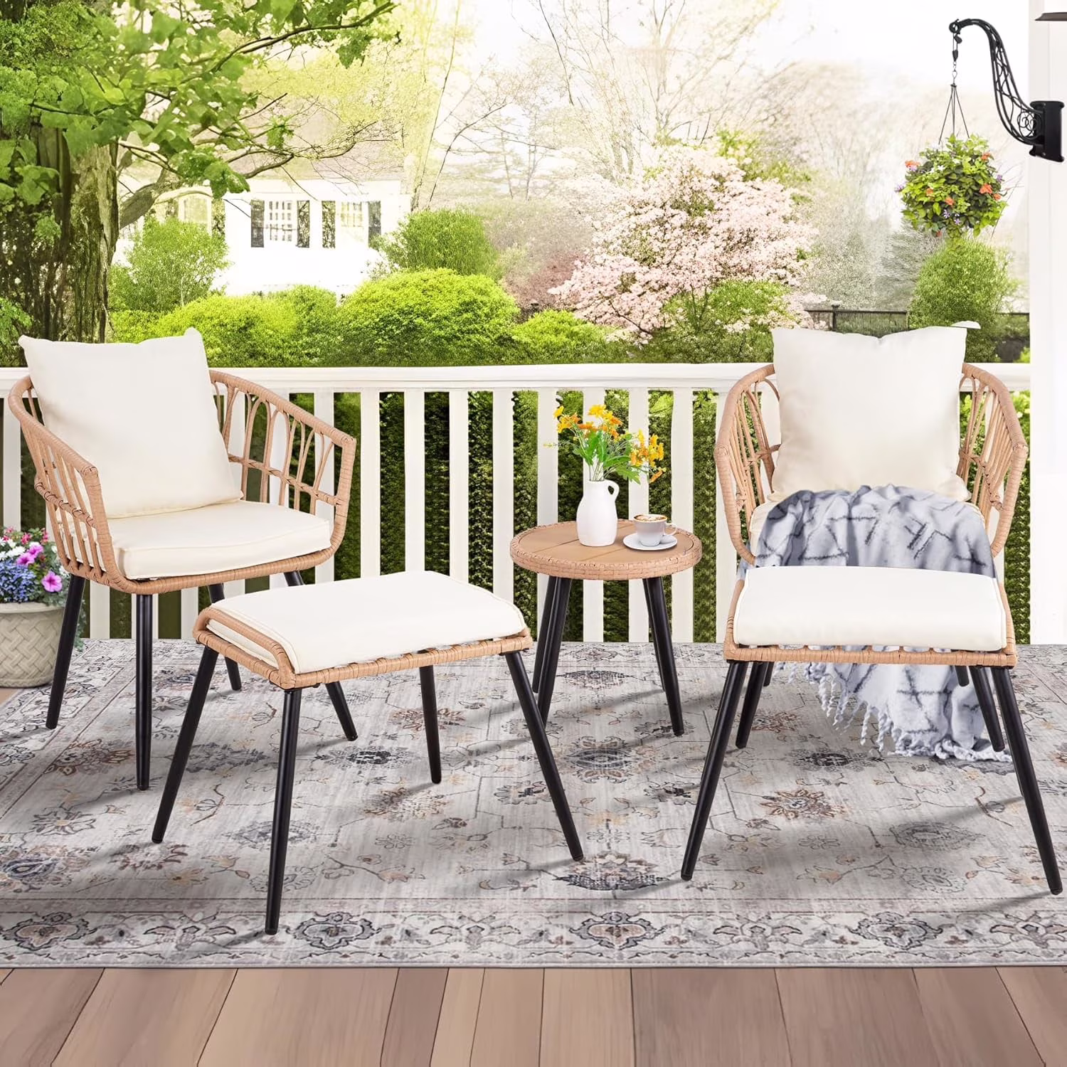 3 Piece Patio Bistro Set, Outdoor Wicker Apartment Balcony Furniture Sets, Rattan Table and Chairs Set of 2 for Porch Backyard Lawn Poolside Deck, Beige(3 PCS/Beige) Image 3
