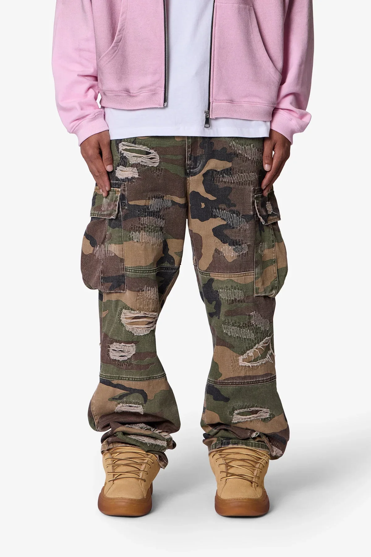 Ultra Baggy Distressed Cargo Pants - Woodland Camo